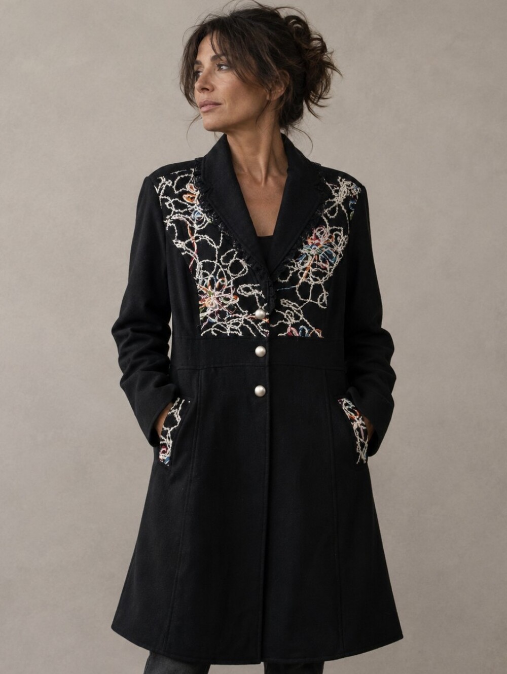 Papillon Embroidered Wool Coat Size XL Black Artsy Boho